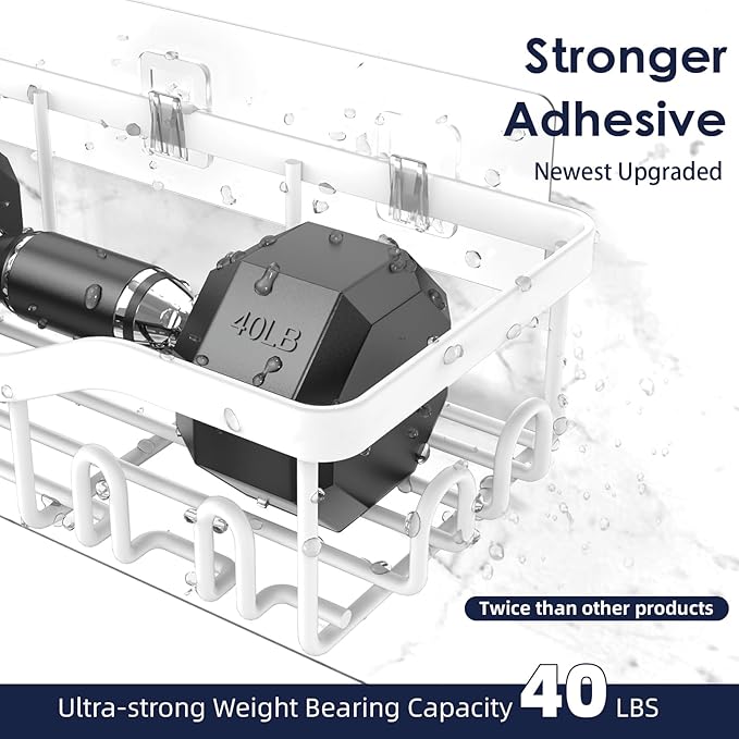 Shower Caddy Adhesive Shower Organizer 7-Pack, Rustproof Stainless Steel Bathroom Shelves, Large Capacity No-Drill Rack Storage Accessories with Soap Dish Toothbrush Holder Hooks (White)