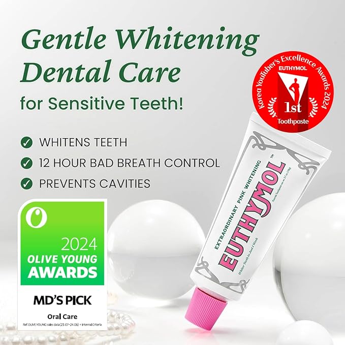 EUTHYMOL Whitening Toothpaste Set (Gift Set, 3.7fl oz*2, Sqeezer Set) - Stain Removal in 2 Weeks, Long-Lasting Freshness for Sensitive Gum & Teeth. Bad Breath, Cavity Prevention