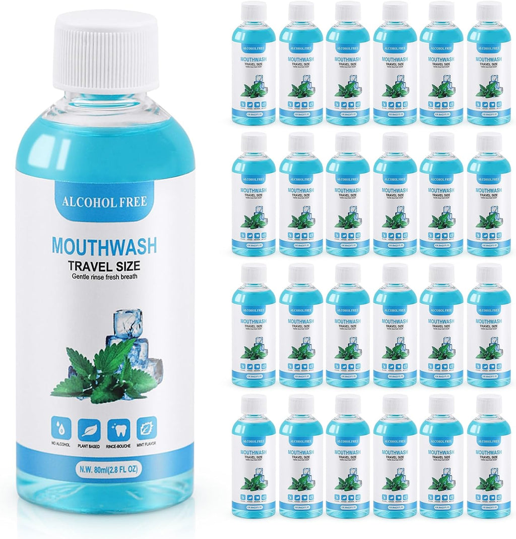 25 pcs Travel Size Mouthwash Bulk Mini Mouthwash, 80ml/2.7fl oz, Fresh Mint Portable Mouthwash Individual Mouthwash Bottles for Travel Toiletry Kits