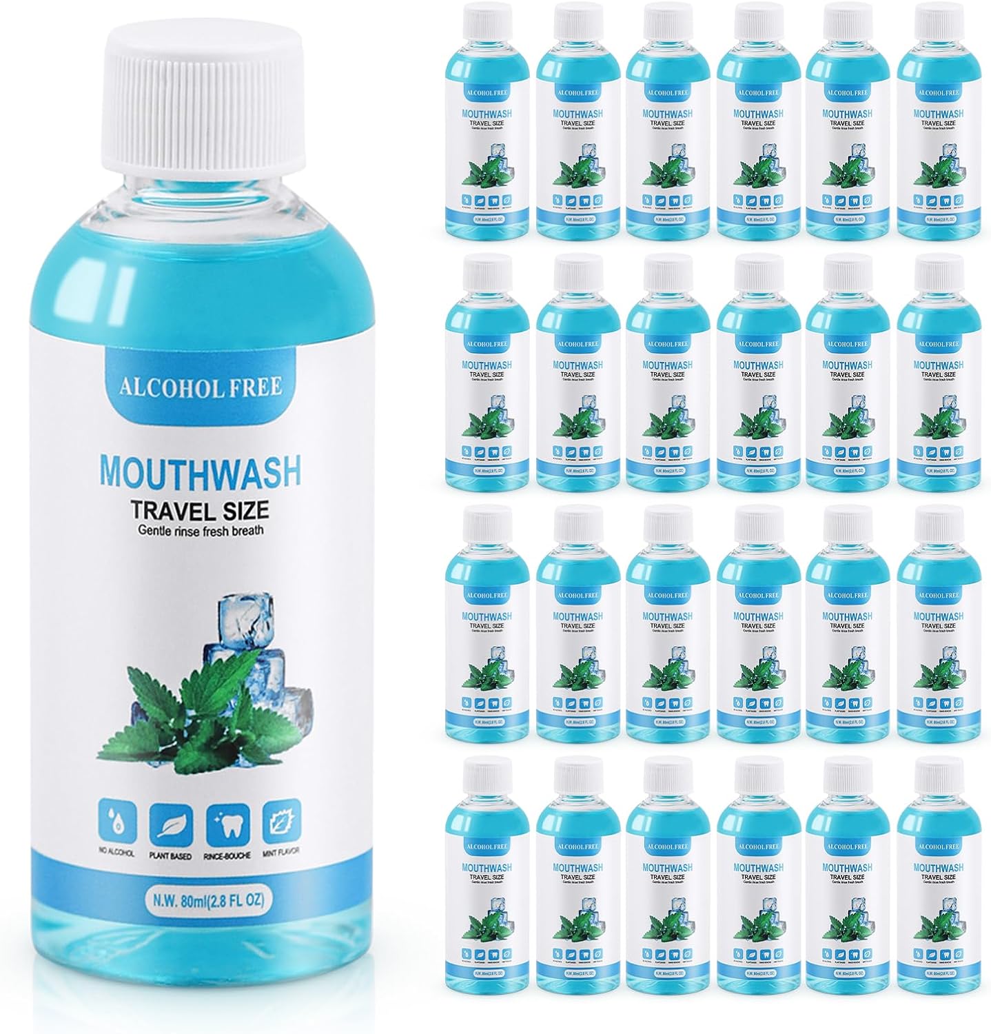100 pcs Travel Size Mouthwash Bulk, 80ml/2.7fl oz, Fresh Mint Portable Mini Mouthwash Individual Bottles for Travel Toiletry Kits