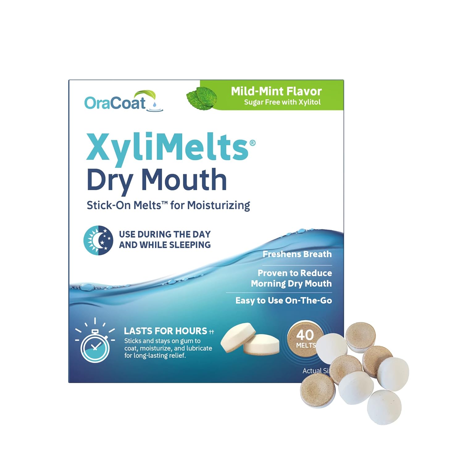 Oracoat XyliMelts for Dry Mouth Night Time or Day - Moisturizing Dry Mouth Adhering Discs, Sugar Free with Xylitol, 40 Count, Mild Mint Flavor, 8-Hour Relief