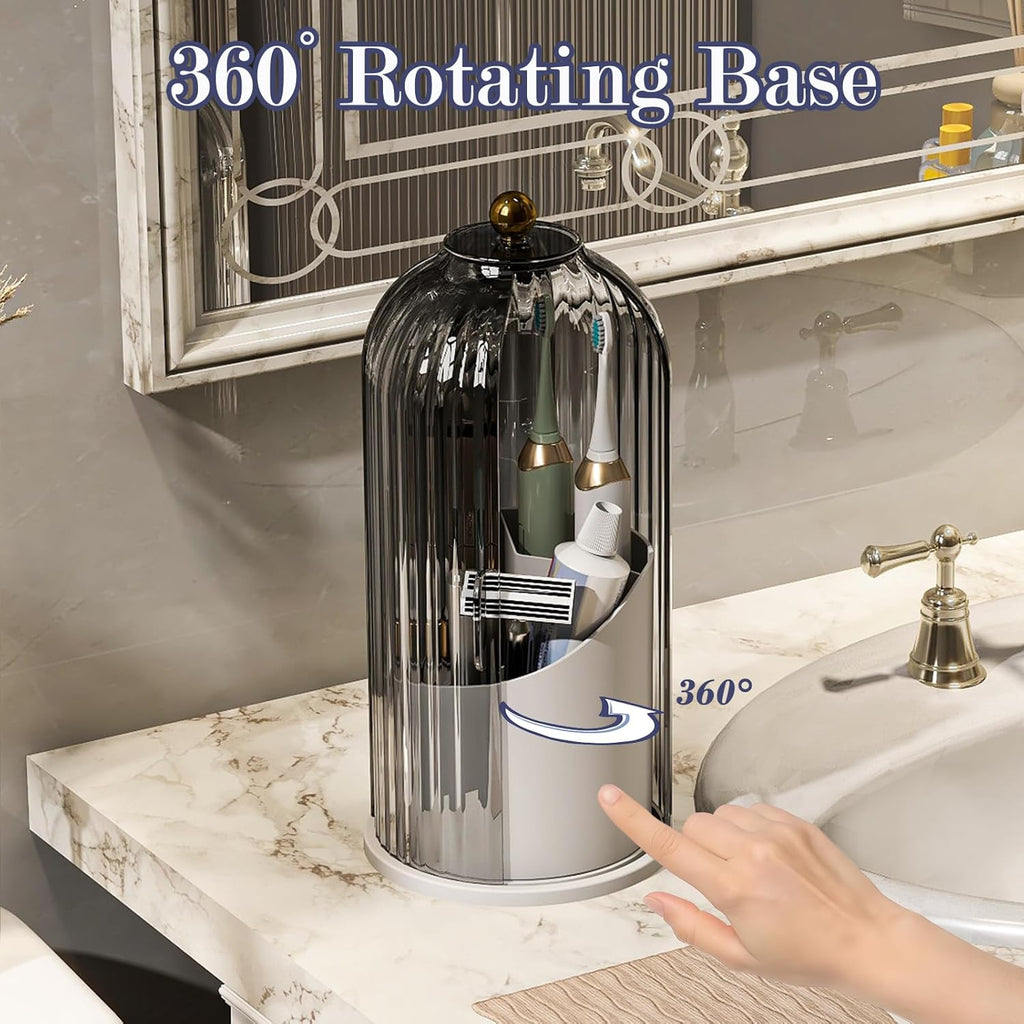 Dustproof Toothbrush Holders with Cover, Rotating Electric Toothbrush and Toothpaste Holder for Bathroom Countertop, 3 Slots Makeup Brushes Organizer, Grey White