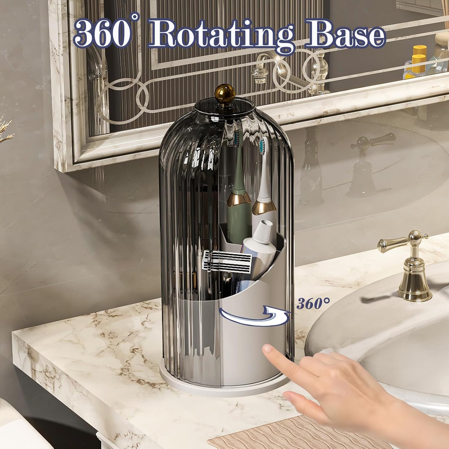 Dustproof Toothbrush Holders with Cover, Rotating Electric Toothbrush and Toothpaste Holder for Bathroom Countertop, 3 Slots Makeup Brushes Organizer, Grey White