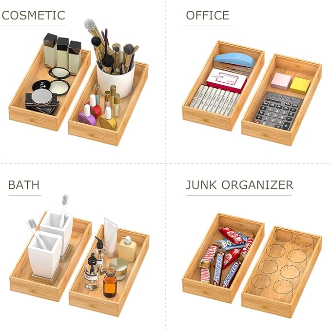 Bamboo Kitchen Drawer Organizer,Stackable Silverware Tray Utensil Organizer Cutlery Holder for Kitchen,Wooden Storage Box for Bathroom, Multi-Use Drawer Organizer for Office,Makeup(12x6x2.5 inch）