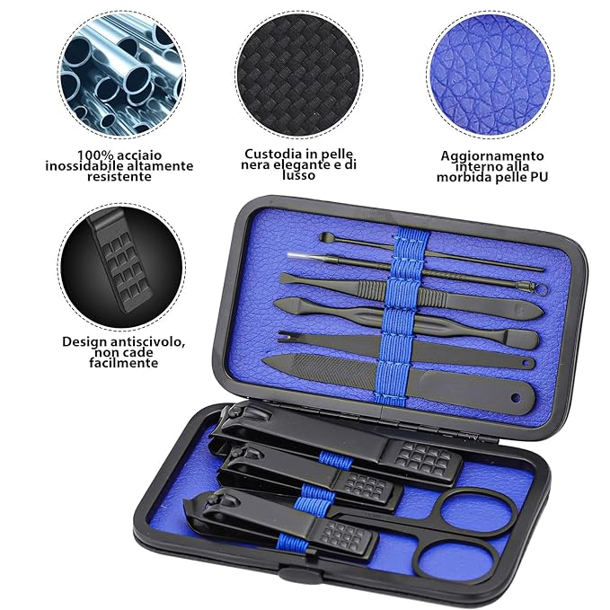 Manicure Set Nail Clippers Kit Professional Stainless Steel Nail Care Tools with Leather Travel Case 10 in 1 Blue