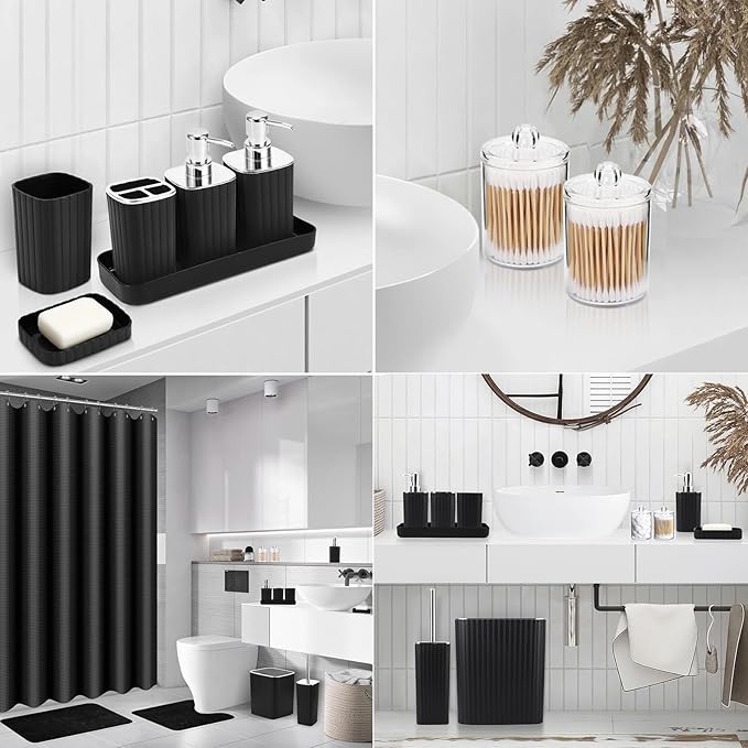 26PC Bathroom Accessories Set - Gorgeous Black Bathroom Set, Bathroom Accessory Set, Black Shower Curtain Set with Bathtub Mats for Shower Tub