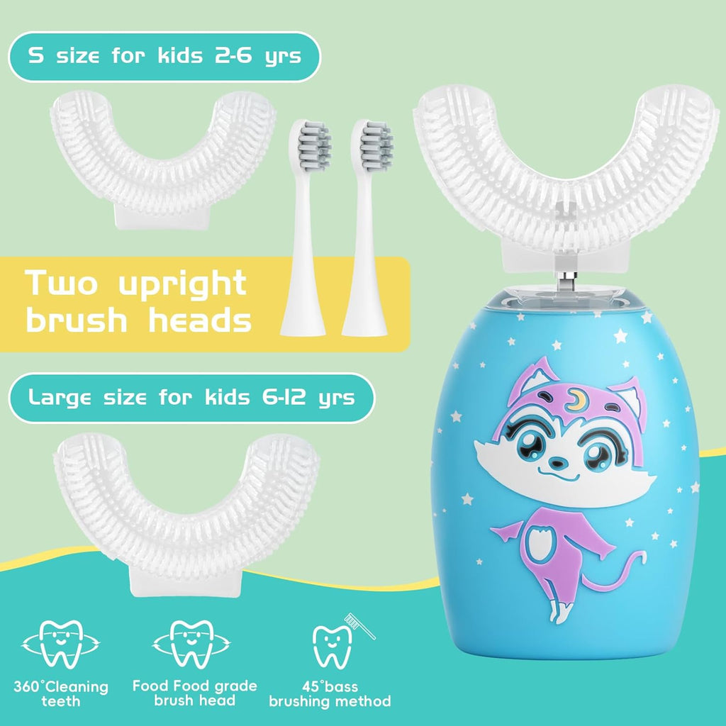 Kids Toothbrush Electric, U Shaped Ultrasonic Automatic Toothbrush with 4 Brush Heads, Two Cleaning Modes, Cartoon Modeling Design for Kids, Age 2-12