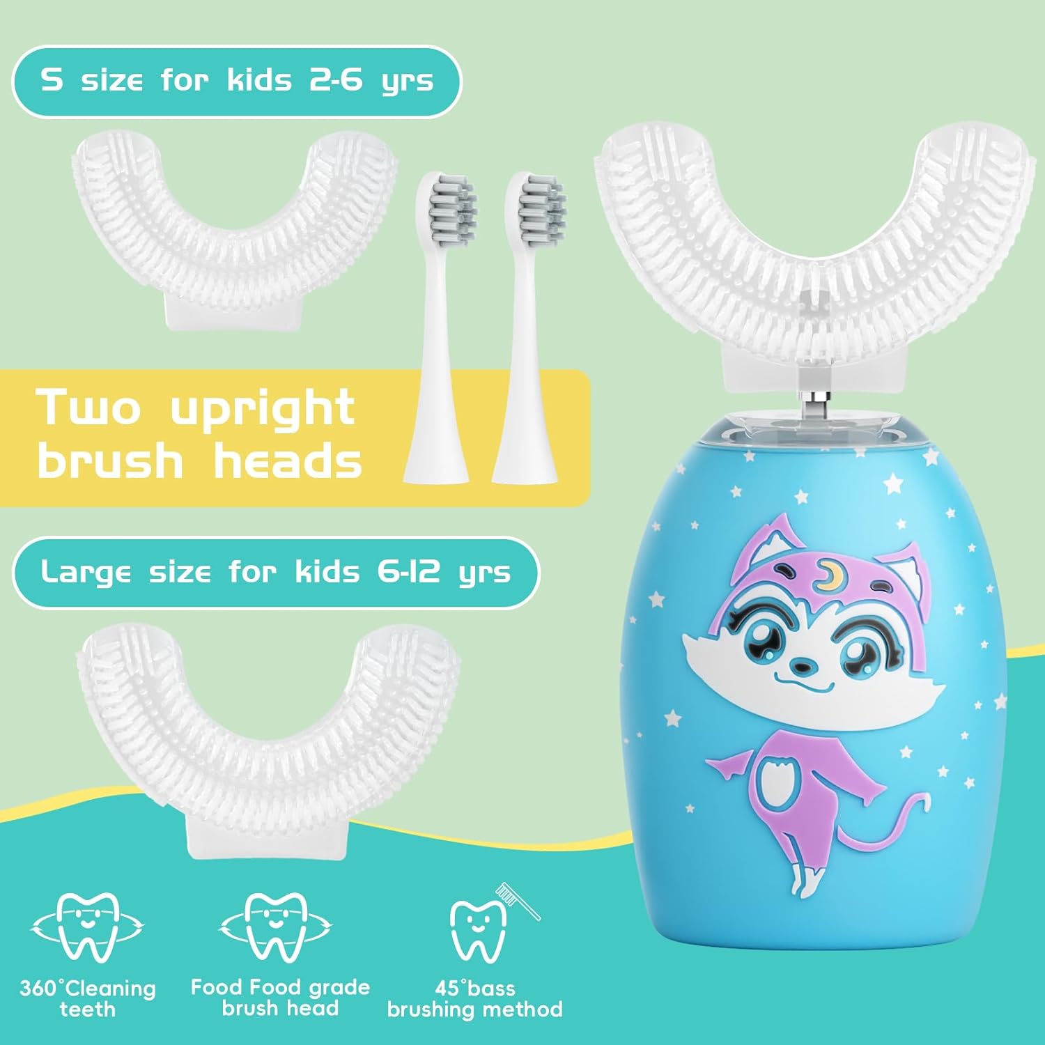 Kids U Shaped Electric Toothbrush with 4 Brush Heads, Rechargeable Toothbrush Kids with 2 Modes, Cartoon Cat 360-Degree Cleaning IPX7 Waterproof Design (Ages 2-12)
