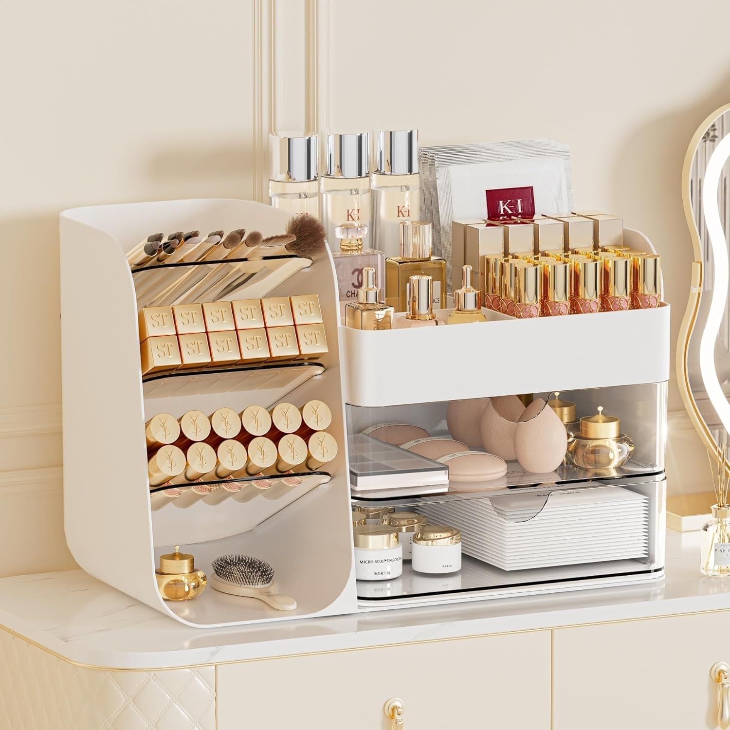 Makeup Organizer with Drawers,Large Capacity Countertop Organizer for Vanity,Bathroom and Bedroom Desk Cosmetics Organizer,Easy To Storage Skincare,Brushes, Eyeshadow,Lipstick (White, Large)