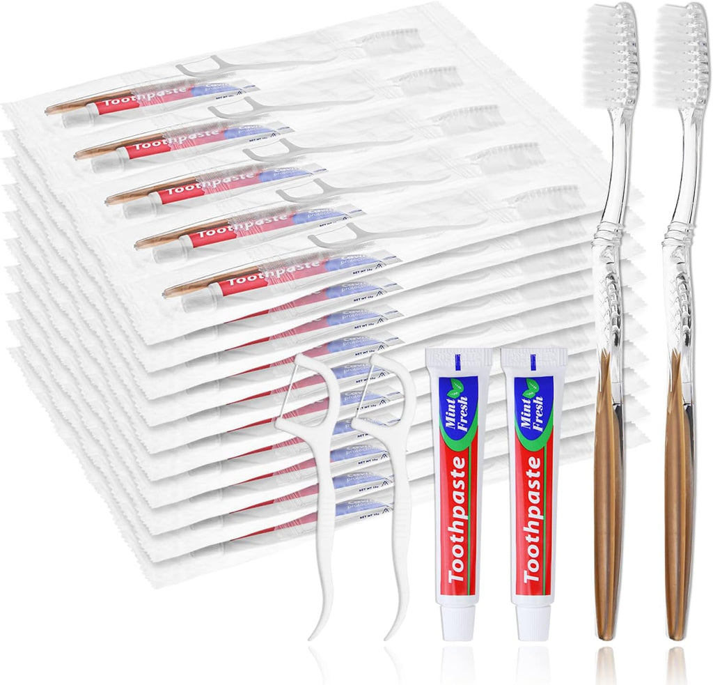 100pcs Disposable Toothbrushes with Toothpaste Floss Individually Wrapped, Disposable Toothbrush Bulk, 10g Toothpaste, Dental Floss Pick, Bulk Toothbrush Kit for Homeless,Airbnb,Hotel,Guest
