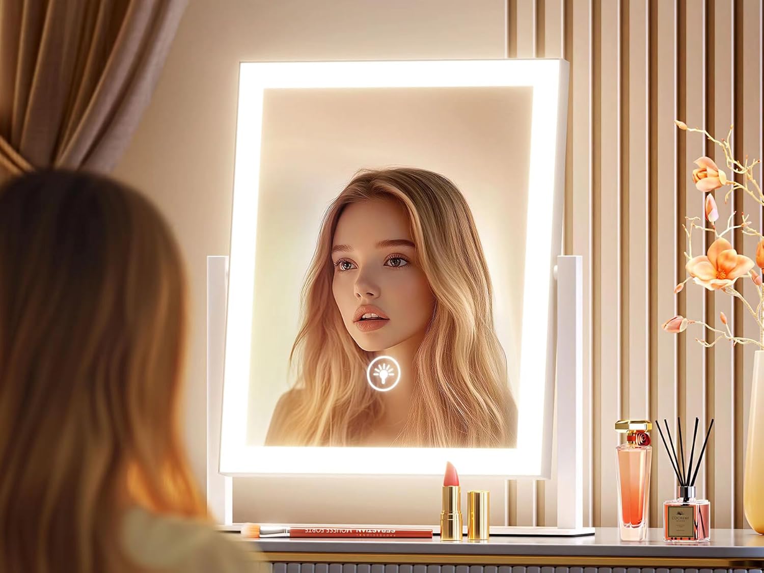 15.2" Lighted Makeup Mirror Hollywood Vanity Mirror with Lights, Three Color Modes,Detachable 10X Magnification Mirror, Smart Touch Control, 360°Rotation White