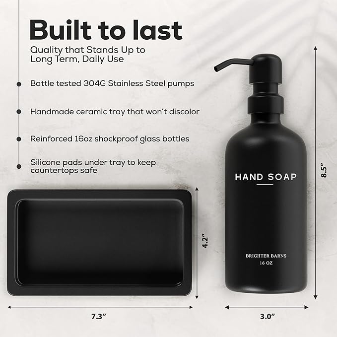 Black Glass Soap and Lotion Dispenser Set with Tray by Brighter Barns - Hand Soap Dispenser Bathroom Set & Stainless Steel Pump for Home - Modern Bathroom Accessories, Modern Decor (Black)