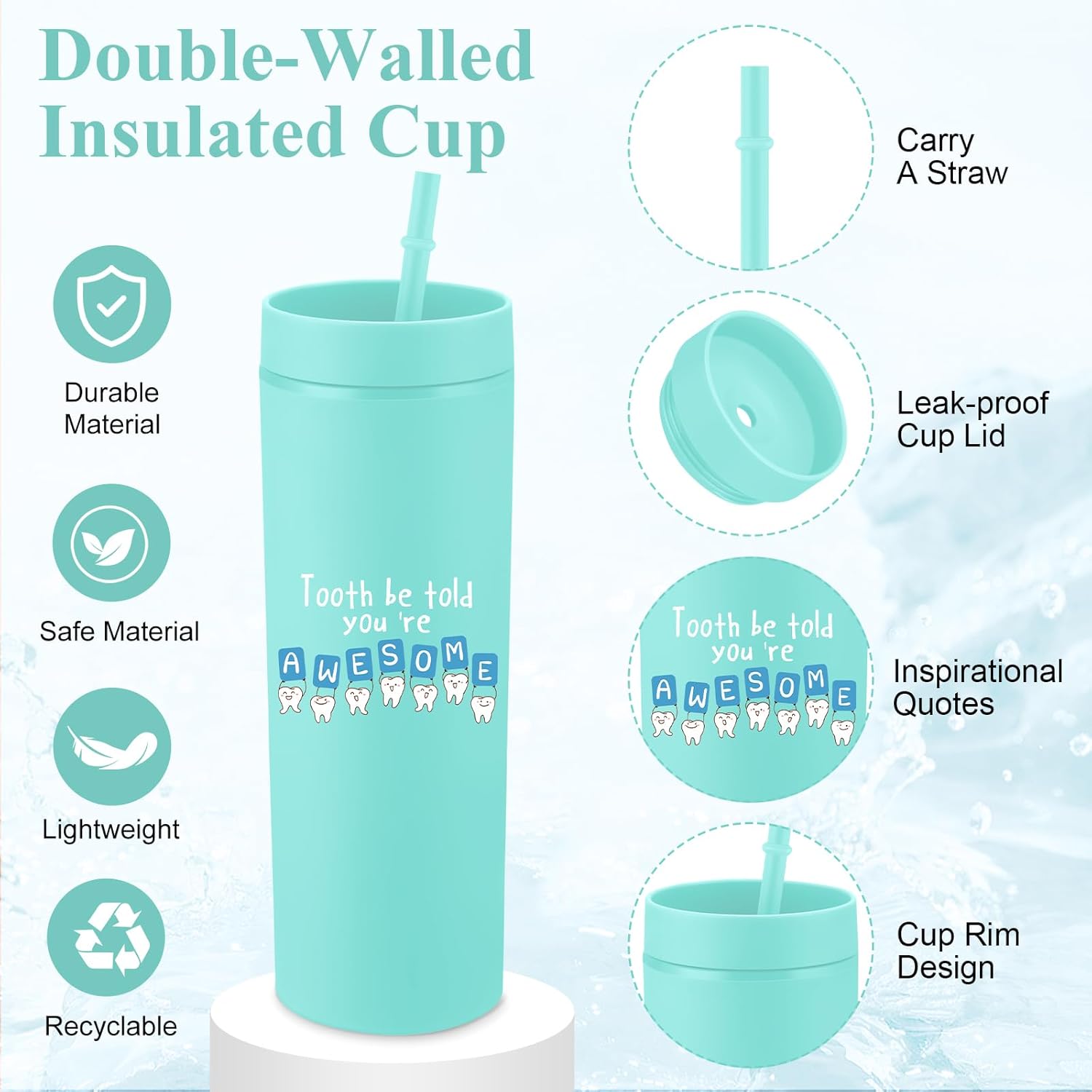 Skylety 3 Pcs Dental Hygiene Month Gifts Dental Assistant Hygienist Appreciation Gift 16oz Tumbler with Lid Cute Teeth Makeup Bag Stress Toy Employee Thank You Dentist Coworker Nurse Student(Green)