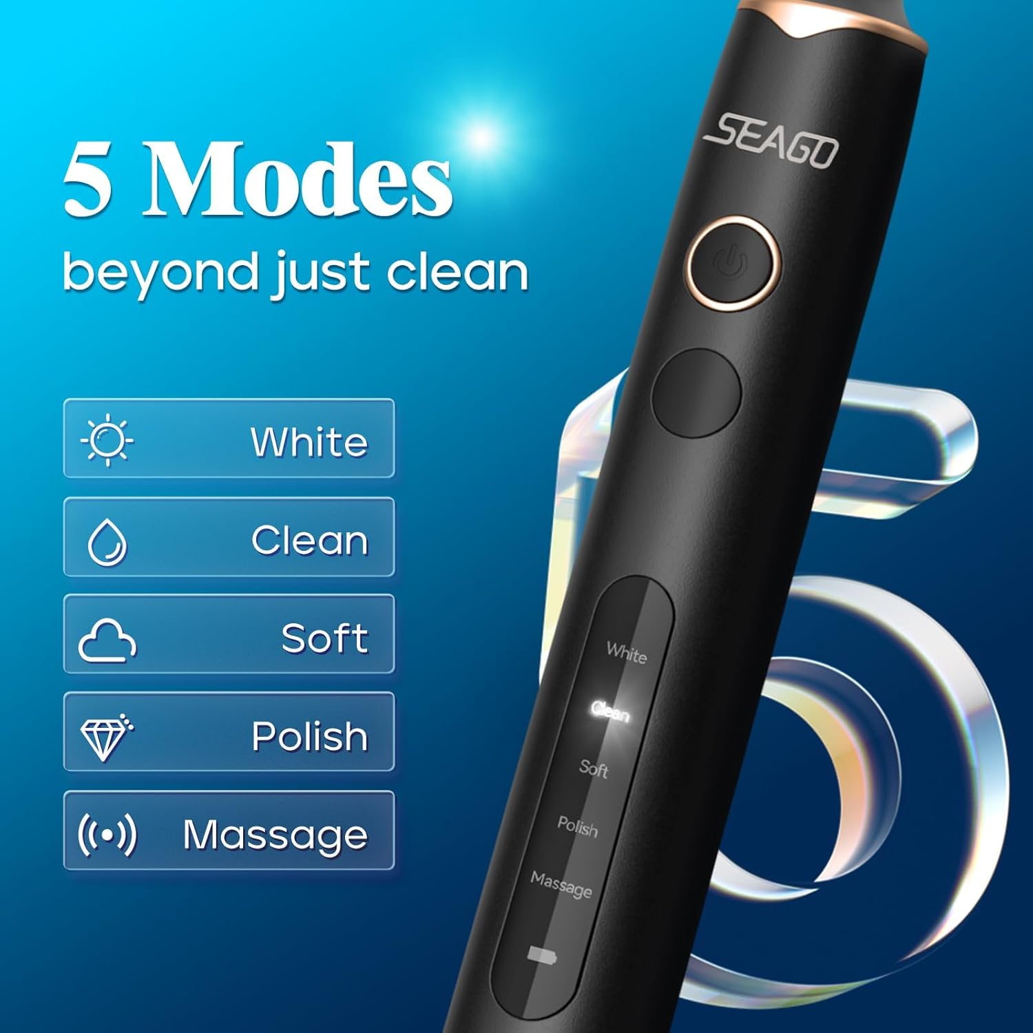 SEAGO Rotating Electric Toothbrush with 8 Round Brush Heads, with 5 Cleaning Modes, Sonic Technology Whitening Teeth in 14 Days, for Adult and Kids，SG-2603 (Black)