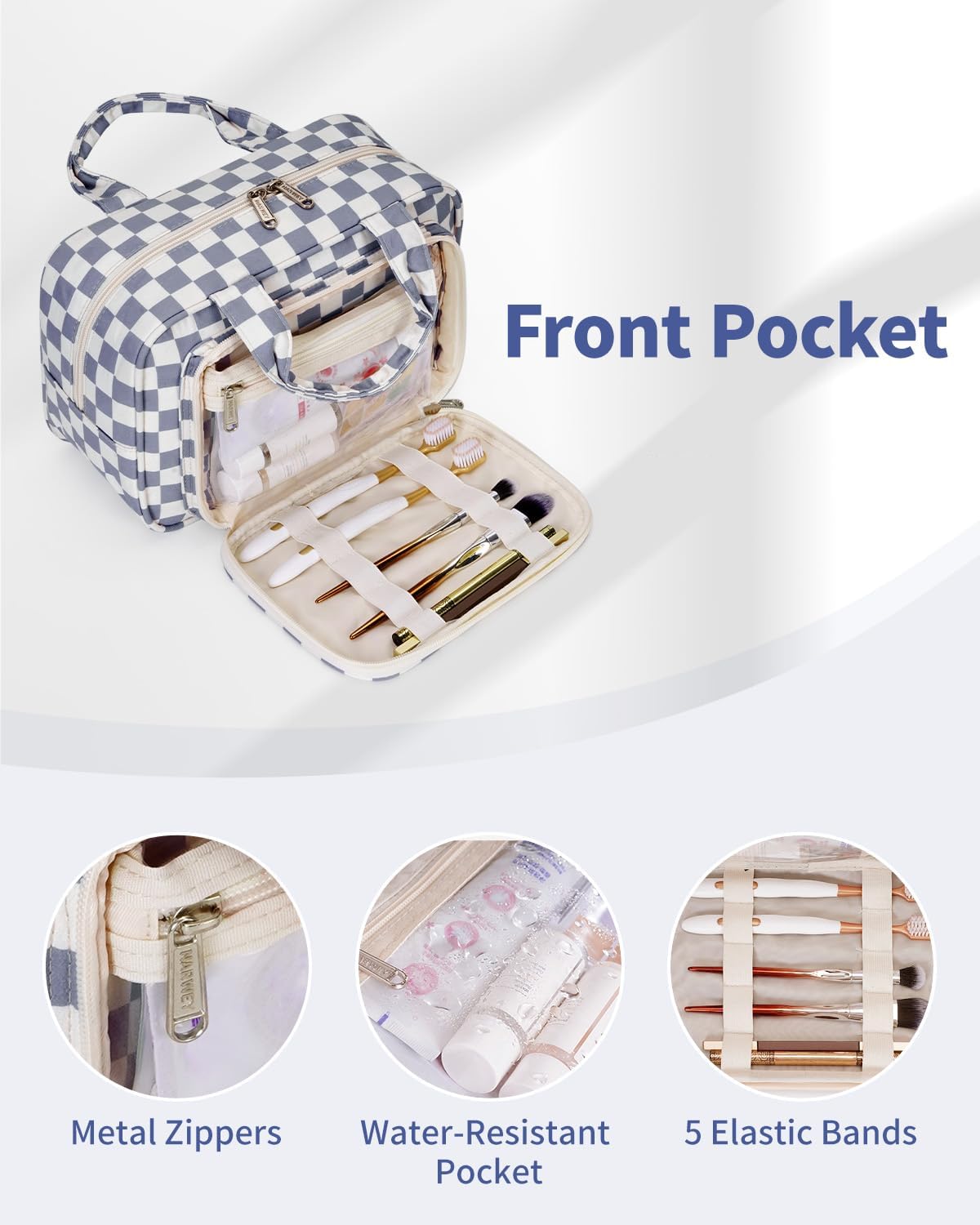 Narwey Large Travel Toiletry Bag for Traveling Women, Cosmetic Makeup Bag Make Up Organizer, Checkered Travel Bag for Toiletries with Handle (Grayish Blue Checkerboard)