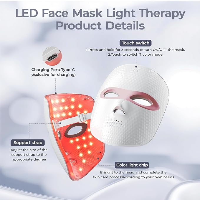 Red Light Therapy for Face LED Face Mask Light Therapy Cordless USB Rechargeable,Red Mask for Home Working Travel Yoga Sleep