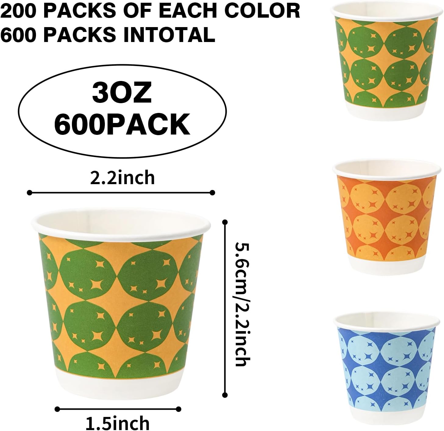 Tamone 600 Pack 3 oz Bathroom Cups, Small Paper Cups, Balloon Design Disposable Cups, Blue, Green, Orange, Mouthwash Cups for Party, Picnic, BBQ, Travel, Home and Event
