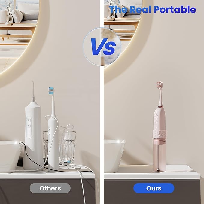 Portable Water flosser with Electric Toothbrush, 2 in 1 Teeth Cleaning Kit, Electric Toothbrush and flosser Combo, Water Flosser for Travel and Home (Pink)