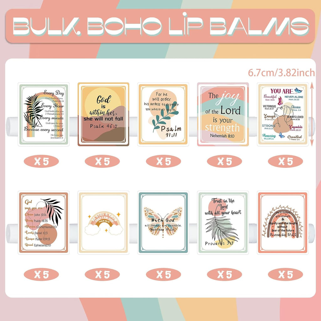 50 Pack Christian Religious Gifts Bulk Lip Balms for Women Men Religious Church Party Favors Bulk Bible Verse Lip Balm with Scripture Inspirational Gifts for Coworkers Staff Employee(Boho)