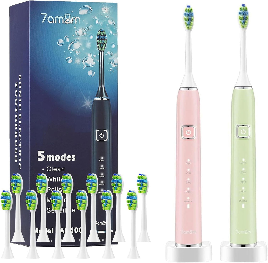 7AM2M Electric Toothbrush 2 Pack Set for Kids and Adults, 12 Brush Heads,5 Adjustable Modes, Built-in 2-Minute Smart Timer, Wireless Fast Charge for 60 Days,IPX7Waterproof SonicToothbrush(Green+Pink)