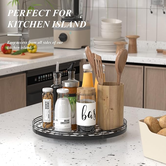 16" Black and White Kitchen Lazy Susan Turntable, Round Checkered Decorative Tray, Large Lazy Susan for Dining Table Centerpiece, Pantry, Kitchen, Bathroom, Countertop, Cupboard, Home Decor