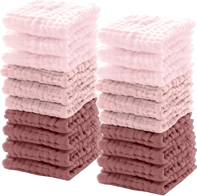 Breling 20 Pcs Baby Muslin Washcloth 12 x 12 Inch 100% Cotton Soft and Absorbent Muslin Washcloth Burp Cloth Wipe Newborn Face Towel for Baby Boy Girl Sensitive Skin(Pink, Bean Paste, Dark Pink)