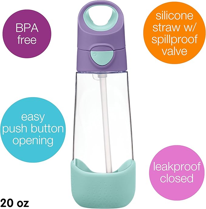 b.box 20oz Tritan Kids Water Bottle –Toddler Drink Bottle with Straw for School, Daycare, Travel w/Easy-Grip Triangular Design, Leak Proof Lid & Handle, BPA Free, Dishwasher Safe (Lilac Pop)