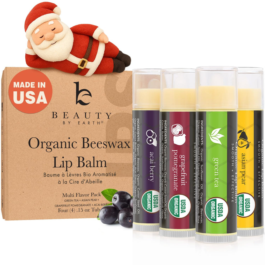 USDA Organic Lip Balm - USA Made with Natural Ingredients, Stocking Stuffers for Women & Men, 4 Pack Multi Flavor Lips Moisturizer, Beauty & Small Birthday Gifts, Chapstick Care for Dry Lips