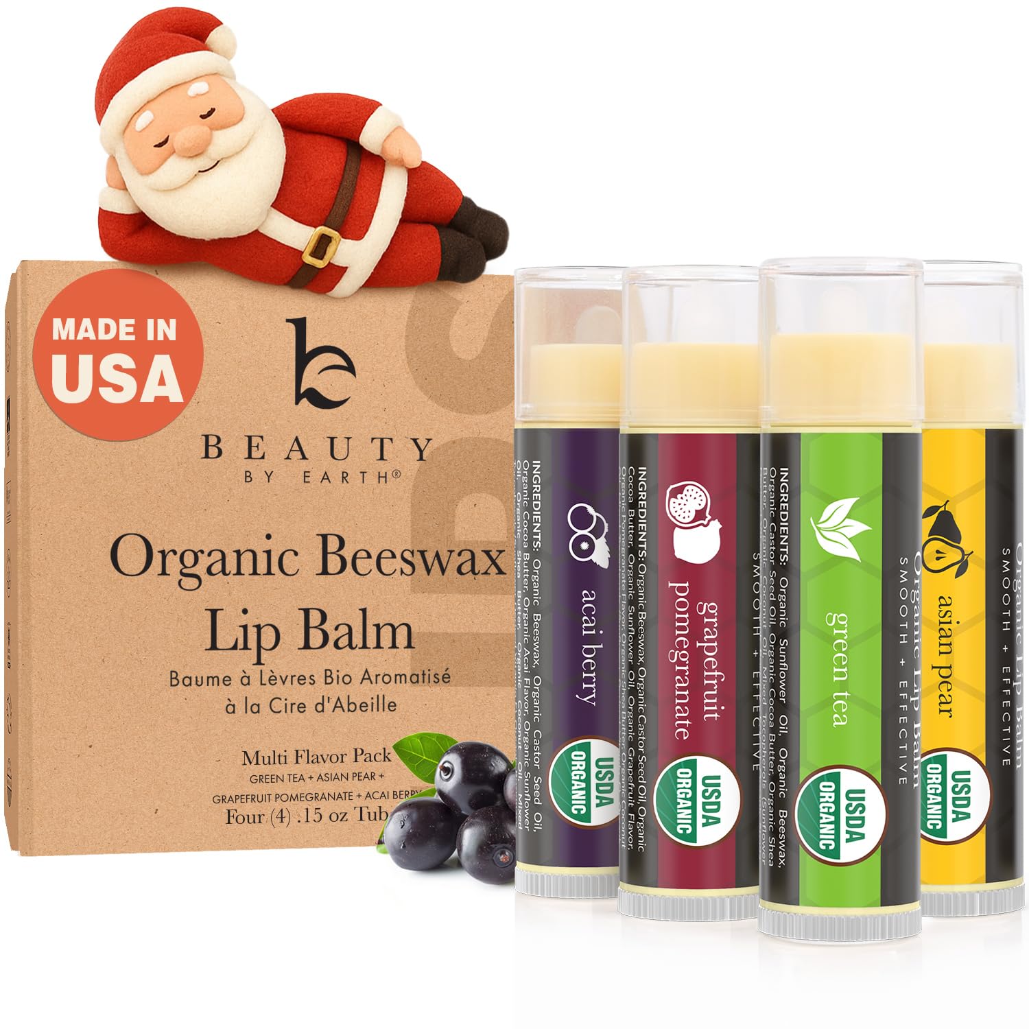 USDA Organic Lip Balm - USA Made with Natural Ingredients, Stocking Stuffers for Women & Men, 4 Pack Multi Flavor Lips Moisturizer, Beauty & Small Birthday Gifts, Chapstick Care for Dry Lips