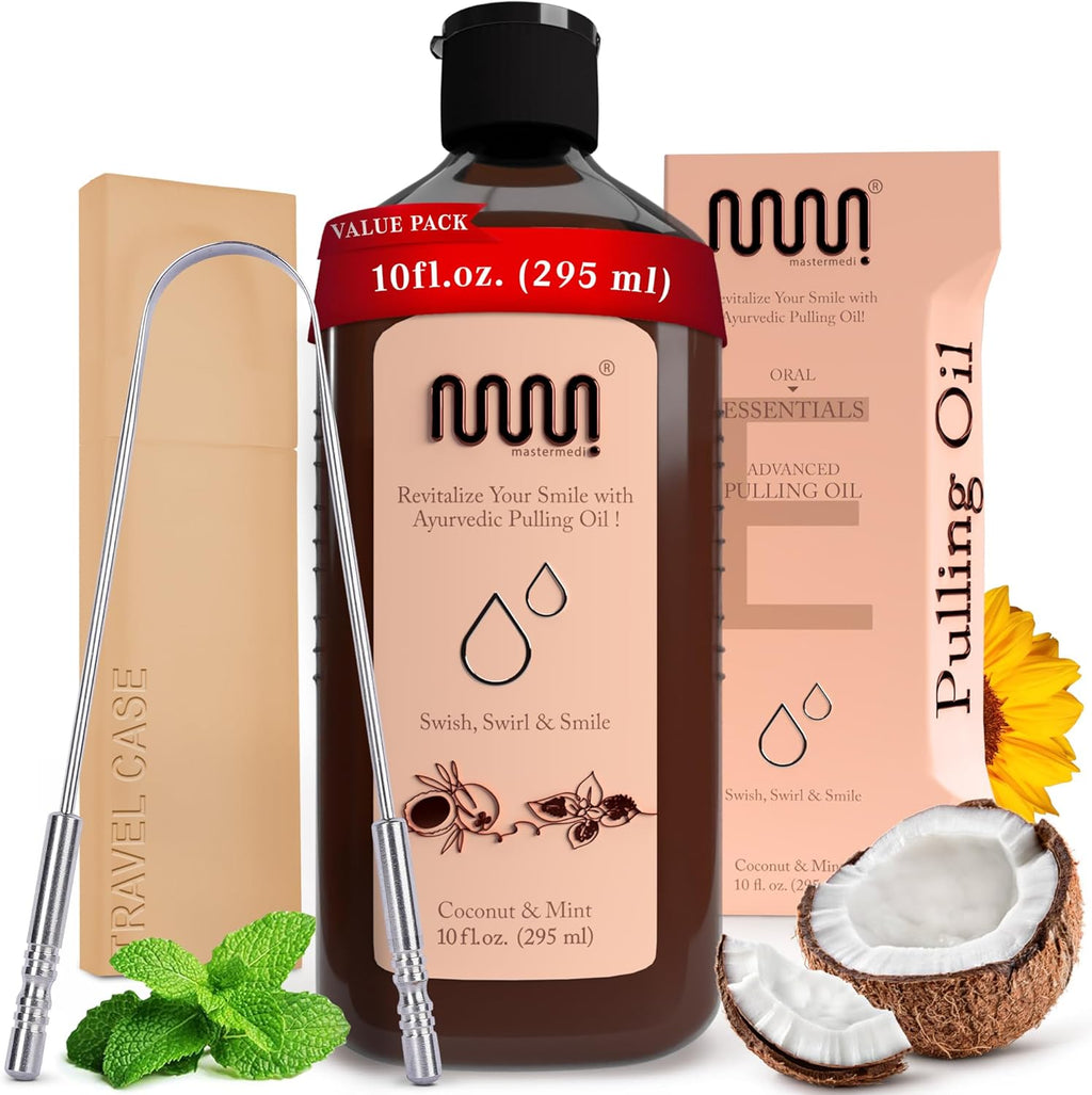 MasterMedi Coconut and Peppermint Oil Pulling (10 Fl.Oz), Mouthwash with Tongue Scraper, Alcohol Free Natural Coconut Oil Pulling for Teeth Whitening,Fresh Breath and Healthier Gum (Pack of 1)