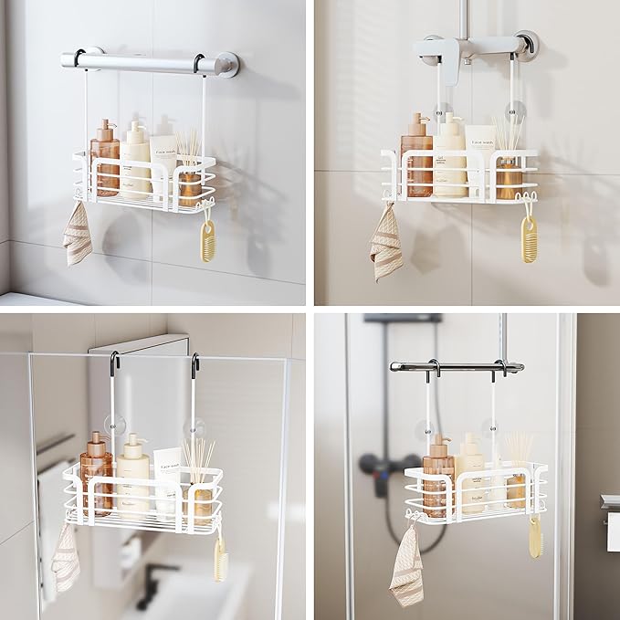SWTYMIKI Shower Caddy Hanging Organizer - Over the Door Shower Caddy with 6 Hooks, 2 Installation Ways, Stainless Steel Rustproof Bathroom Organizer, White