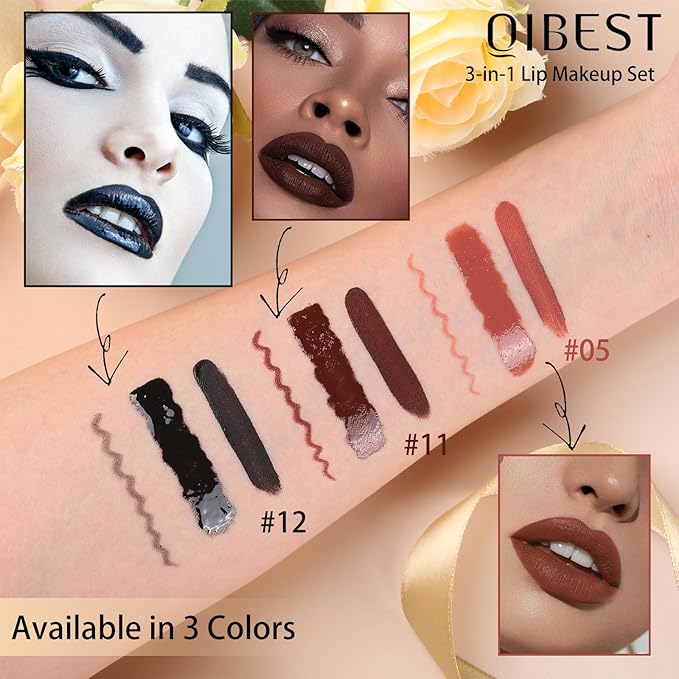 QiBest 3-in-1 Dark Red Lipstick Set for Women & Teen Girls, Matte Liquid Lipstick + Lip Gloss + Gel Lip Liner Pencil Trio Lip Gift Kit for 24 Hours Long Lasting & Waterproof Lip Makeup (Hot Chocolate)
