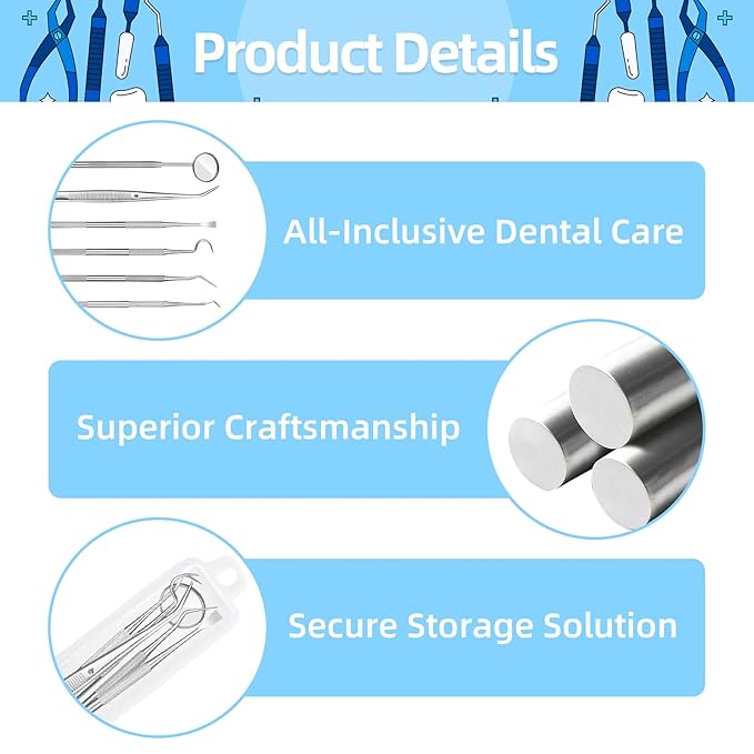 6 Pcs Dental Tools Set, Stainless Steel Teeth Cleaning Tools with Case, Including Dental Mirror, Plaque Tartar Remover for Teeth, Tweezers, Probe, and Pick Scaler for Oral Care