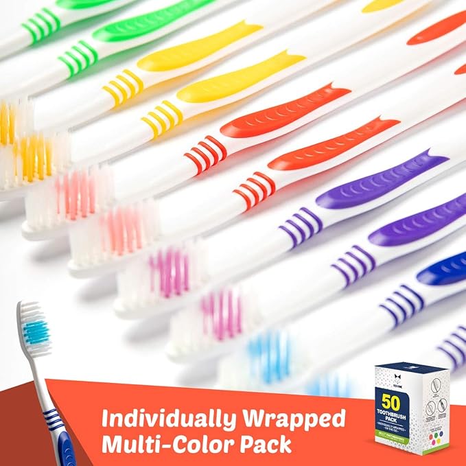 Bulk Toothbrushes 50 Pack | Individually Wrapped Travel Toothbrush Set for Adults & Kids | Made with a Medium-Soft Large Brush Head | BPA-Free & Disposable!