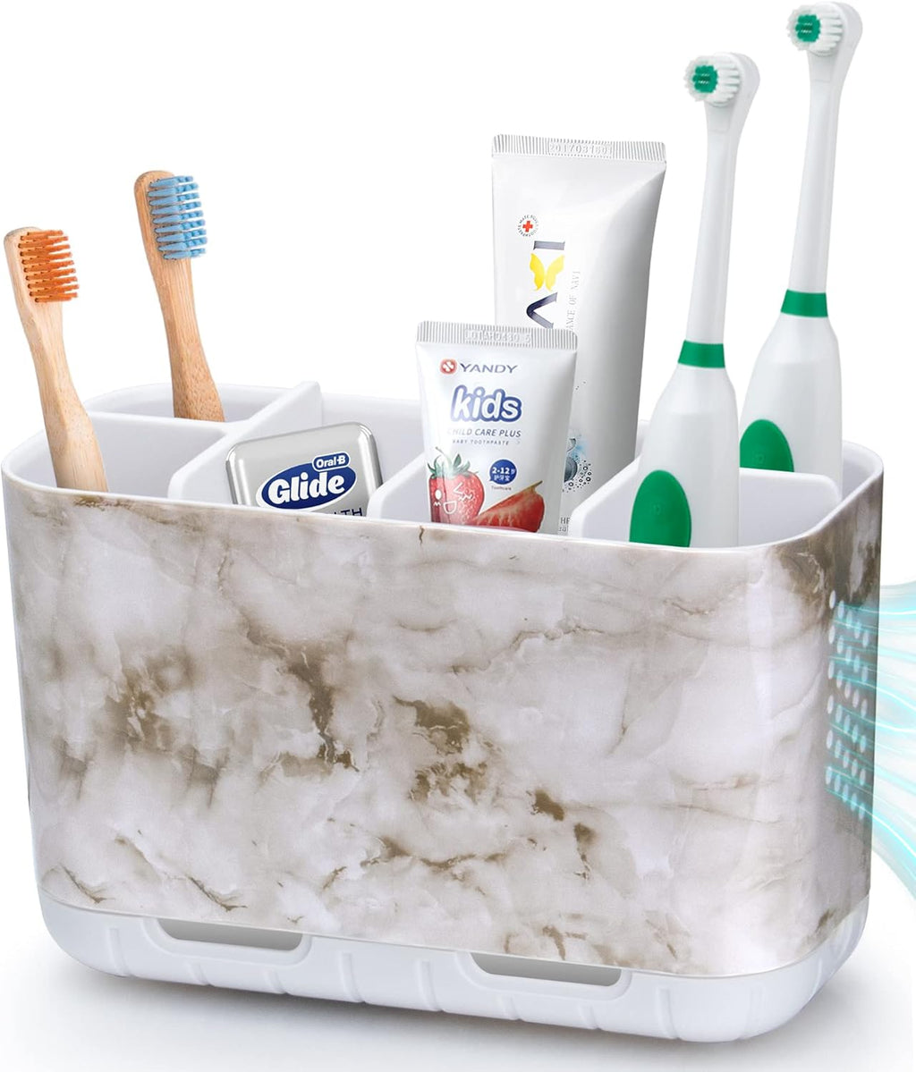 Boperzi Electric Toothbrush Holder for Bathroom Organizer Countertop, Detachable Anti-Slip Toothpaste Storage Caddy 6 Slots White Marble with Drainage Holes for Makeup Brush Razor Stand