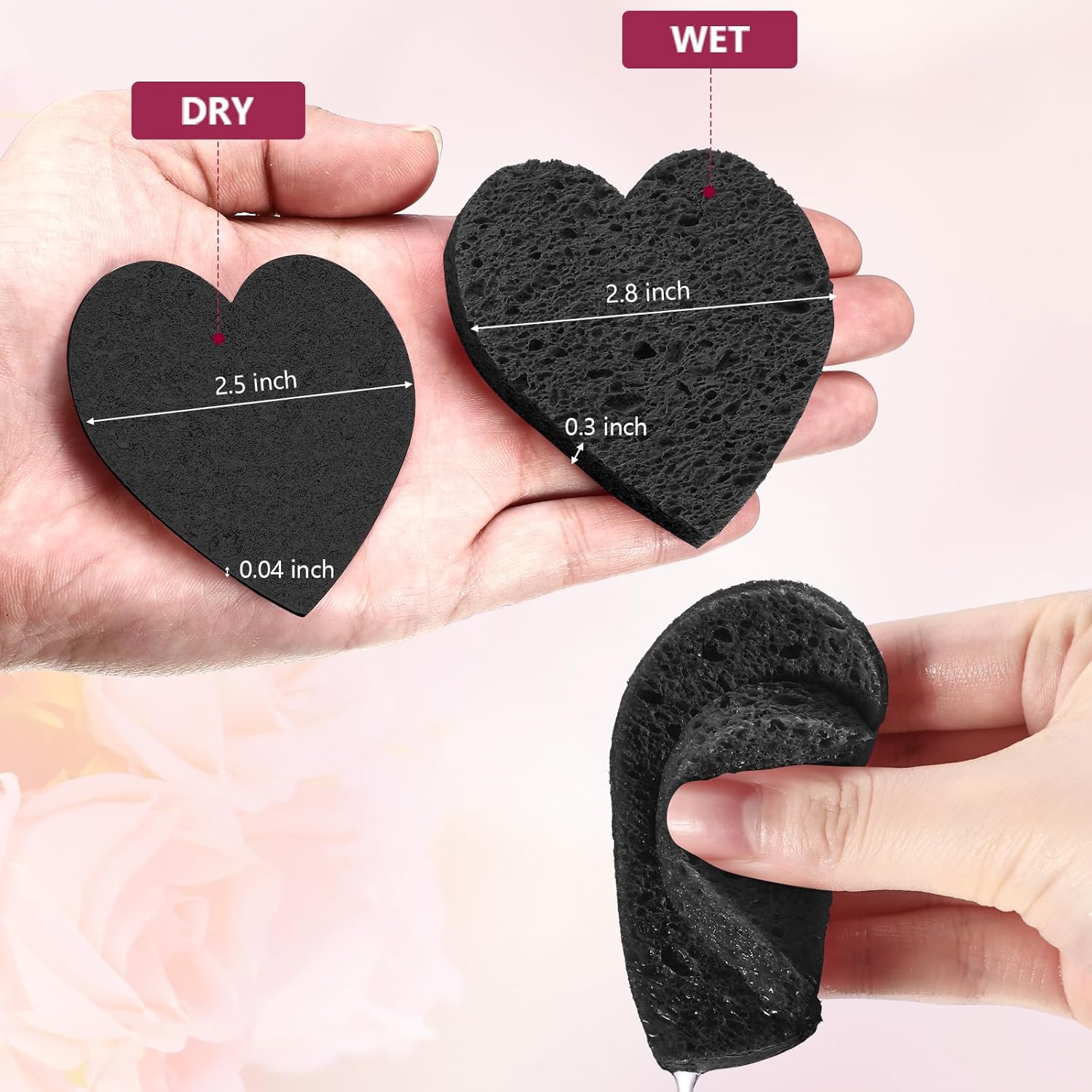 Nuenen 60 Pieces Facial Sponges with Container, Heart Shape Compressed Face Sponges Natural Cleaning Pads for Washing Face Cleaning Exfoliating Esthetician Makeup Removal(Black)