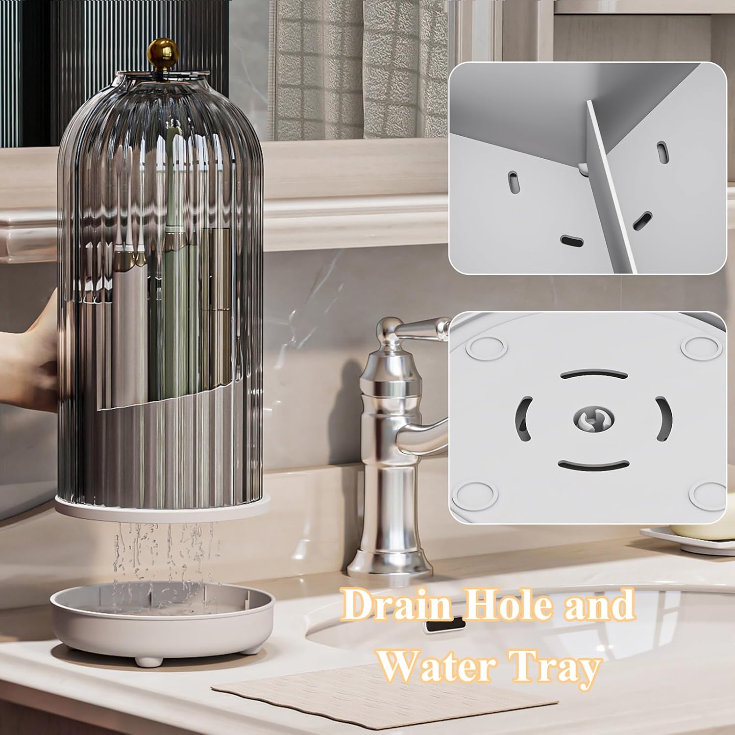 Toothbrush Holders with Cover, Drainage Rotating Electric Toothbrush Organizer, 3 Slots Tooth Brush Holder for Bathroom Counter, Grey White