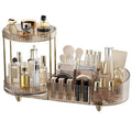 Rotating Makeup Organizer Countertop with Compartment for Vanity, Plastic Vanity Makeup Storage Organizer, 2-in-1 Desk Makeup Holders and Organizers with Perfume Tray for Cosmetics Bathroom