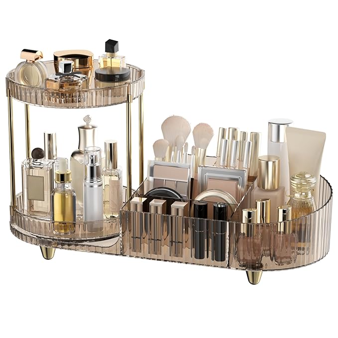Rotating Makeup Organizer Countertop with Compartment for Vanity, Plastic Vanity Makeup Storage Organizer, 2-in-1 Desk Makeup Holders and Organizers with Perfume Tray for Cosmetics Bathroom