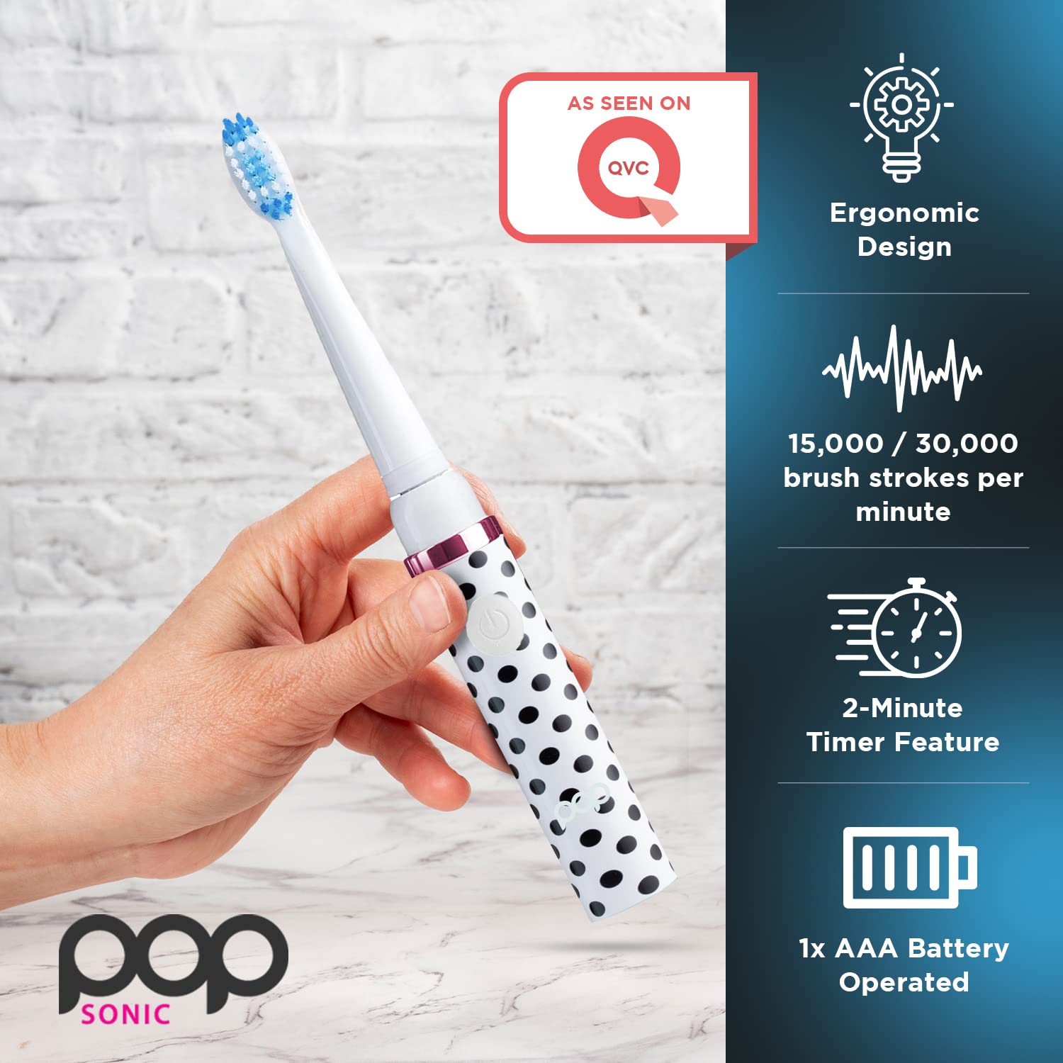 Pop Sonic Electric Toothbrush (White Dots) - Travel Toothbrushes w/AAA Battery | Kids Electric Toothbrushes with 2 Speed & 15,000-30,000 Strokes/Minute, Dupont Nylon Bristles