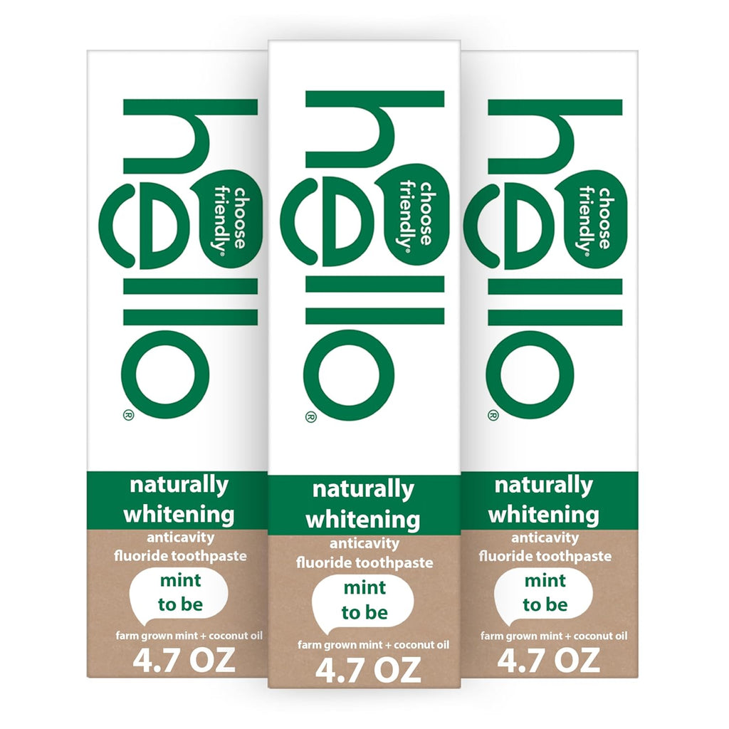 hello Naturally Whitening Fluoride Toothpaste, Natural Whitening Toothpaste with Coconut Oil and Tea Tree Oil, Tames Bad Breath, Helps Moisturize, and Fights Cavities, Mint, 3 Pack, 4.7 Oz Tubes