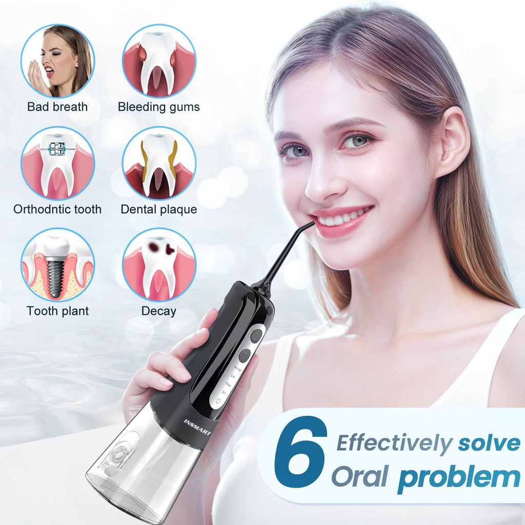 Cordless Water Dental Flosser Teeth Cleaner, INSMART Professional 300ML Tank DIY Mode USB Rechargeable Dental Oral Irrigator for Home and Travel, IPX7 Waterproof 6 Modes Irrigate for Oral Care