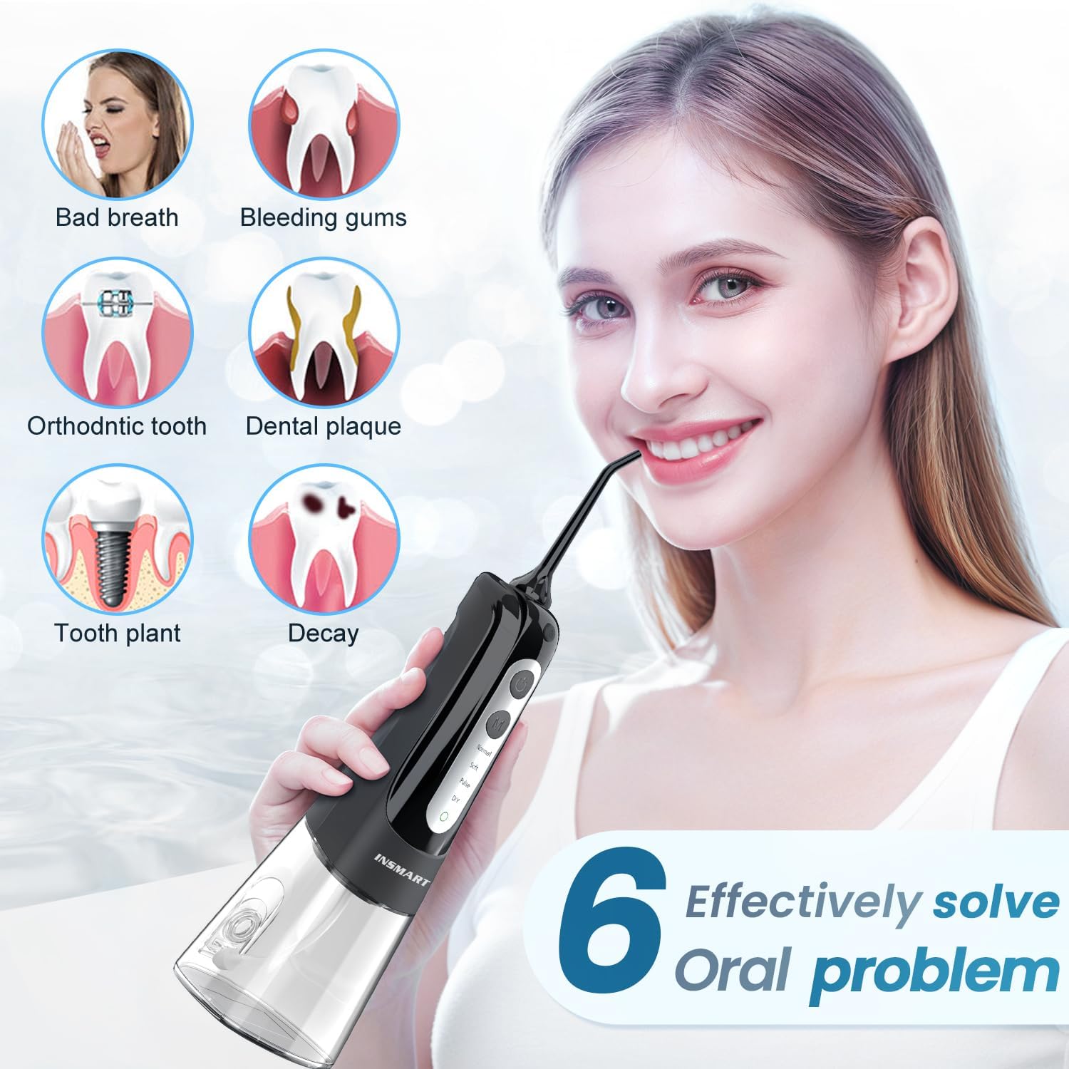 Cordless Water Dental Flosser Teeth Cleaner, INSMART Professional 300ML Tank DIY Mode USB Rechargeable Dental Oral Irrigator for Home and Travel, IPX7 Waterproof 6 Modes Irrigate for Oral Care