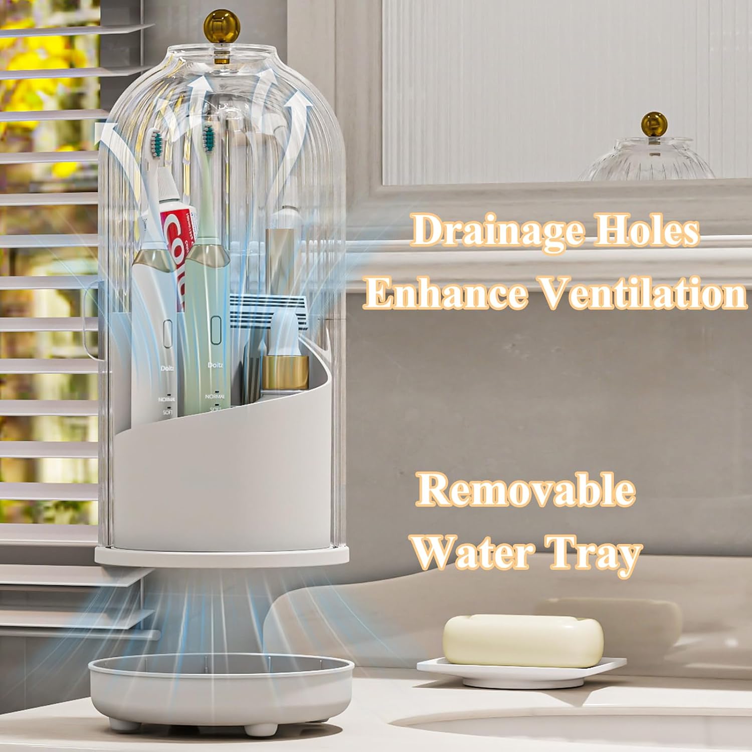 Toothbrush Holders with Cover, Drainage Rotating Electric Toothbrush Organizer, 3 Slots Tooth Brush Holder for Bathroom Counter, Transparent