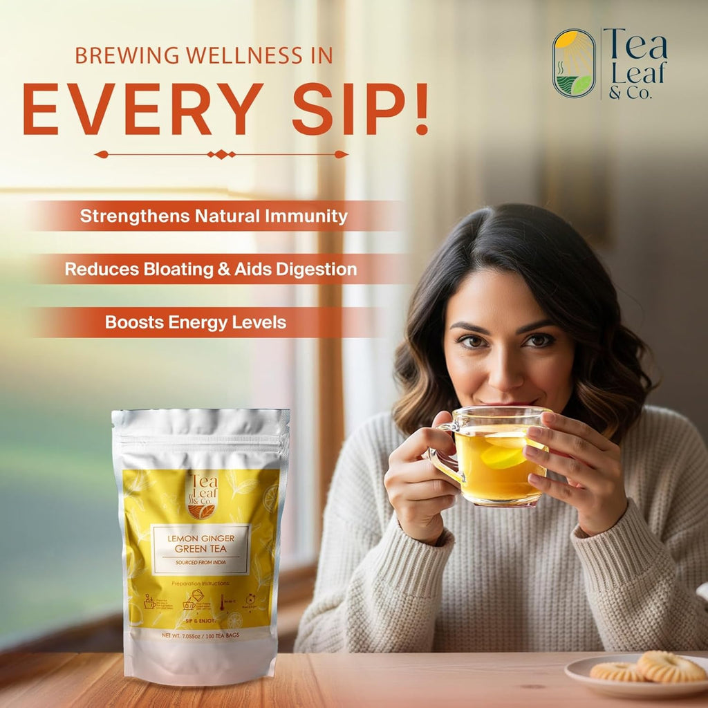 Tealeaf & Co. Lemon Ginger Green Tea with Ginger, Lemon Flavor, Orange Peel, Mint & Black Pepper - Organic Green Tea Bags with Fresh Herbs and Spices - Vegan - 100 Teabags (7.055oz/200gm)