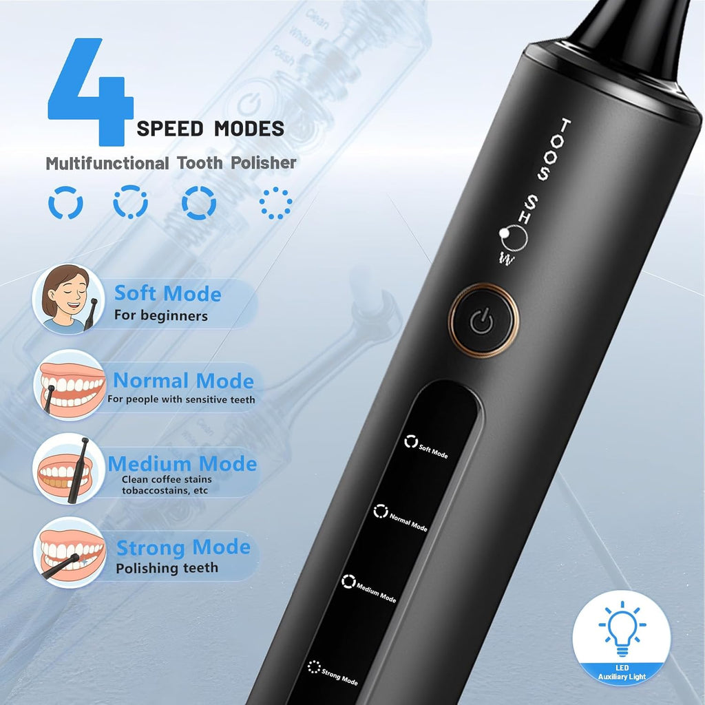 Tooth Polisher Kit with 4 Speed Modes, 5 Brush Heads, 6 Polishing Pastes & Desensitizing Gel,Rechargeable Electric Tooth Polishing Tool with LED Light & Travel Case, Home Use Teeth Whitening Cleaner