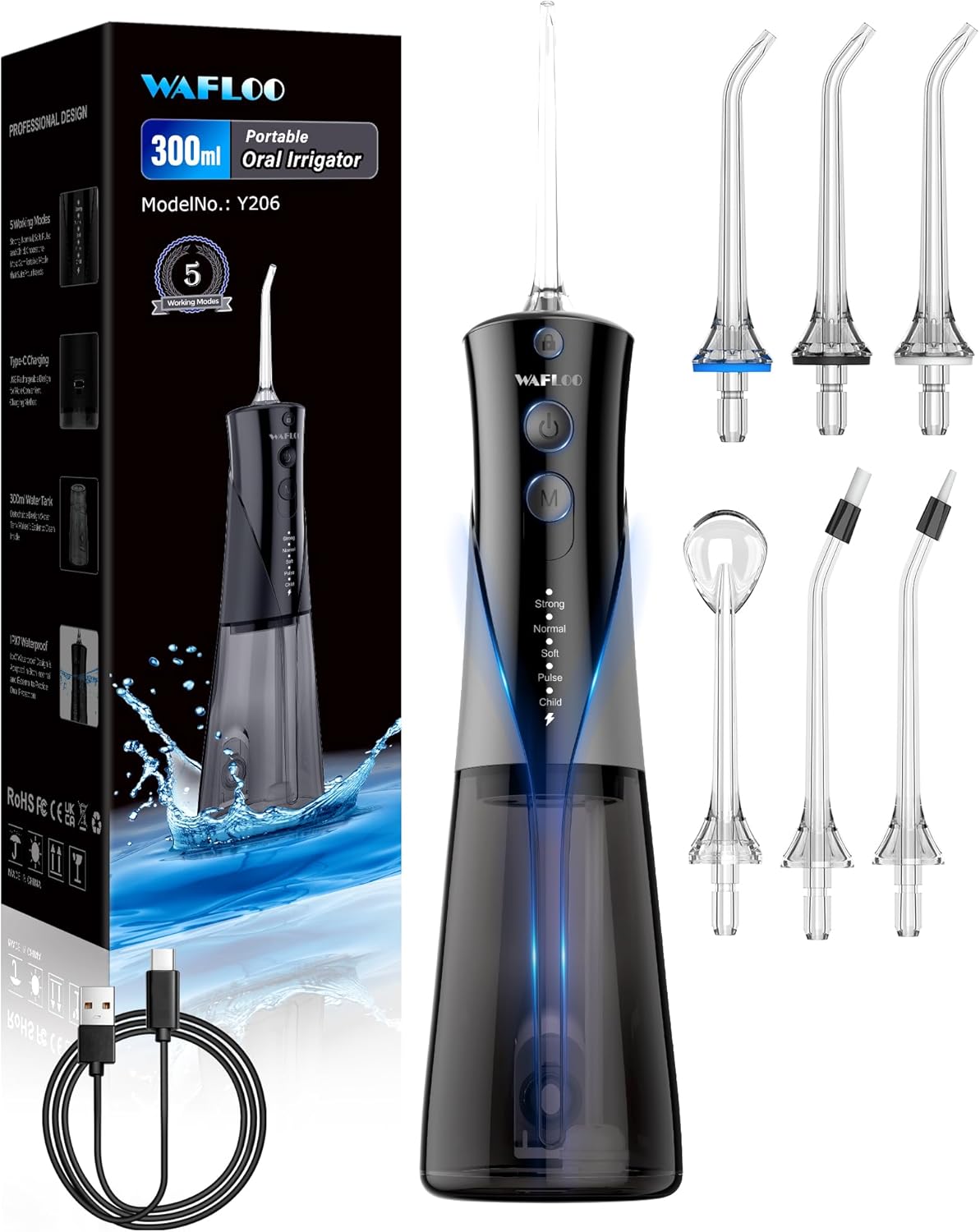 Water Flossers for Teeth - 5 Modes, 6 Flossing Tips, Rechargeable Cordless Portable 300ML Larger Tank Electric Waterflosser Cleaner IPX7 Waterproof Floss Cleaning Teeth Pick for Home Travel