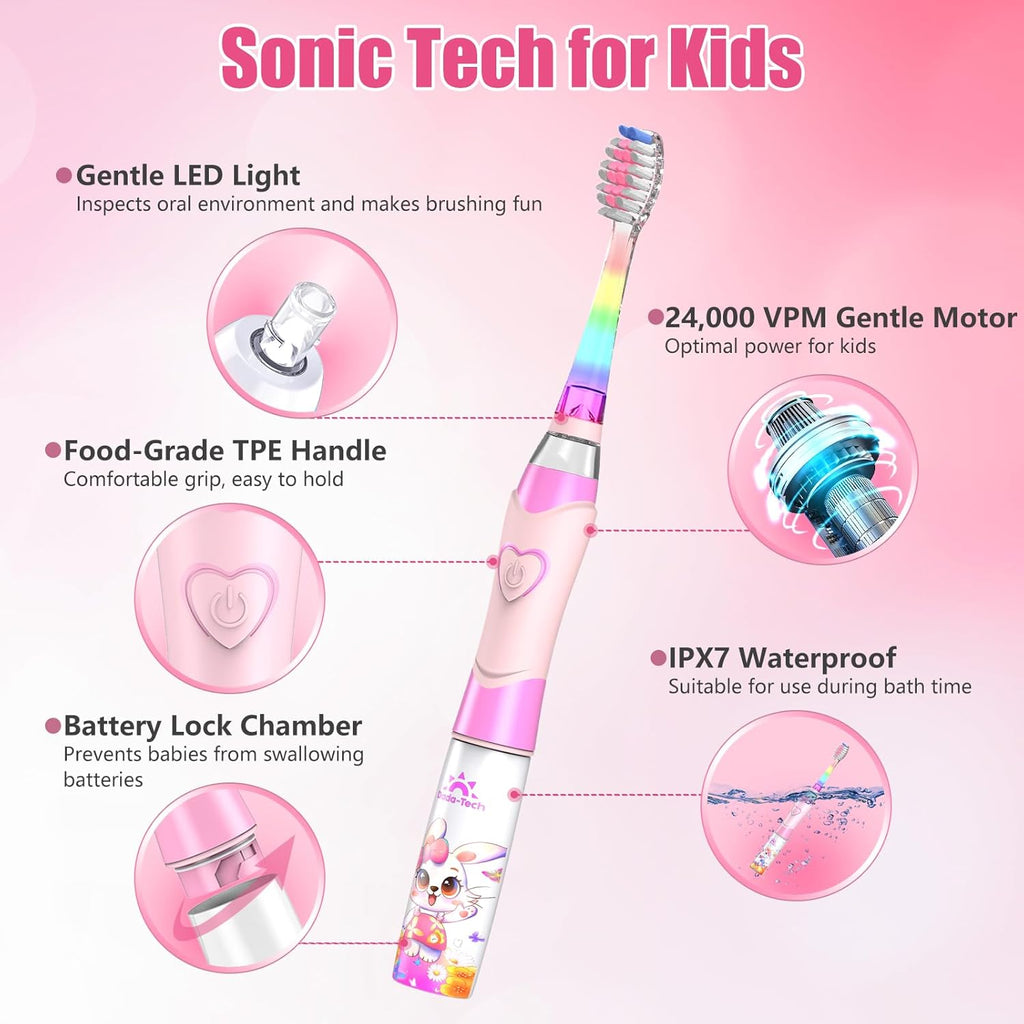 Kids Electric Toothbrush Toddler Toothbrush Age 2-4-8-12 Girls Electric Toothbrush with Timer Rainbow LED Light Up Vibrating Toothbrush Battery Operated Childrens Sonic Tooth Brush (Rabbit Pink)