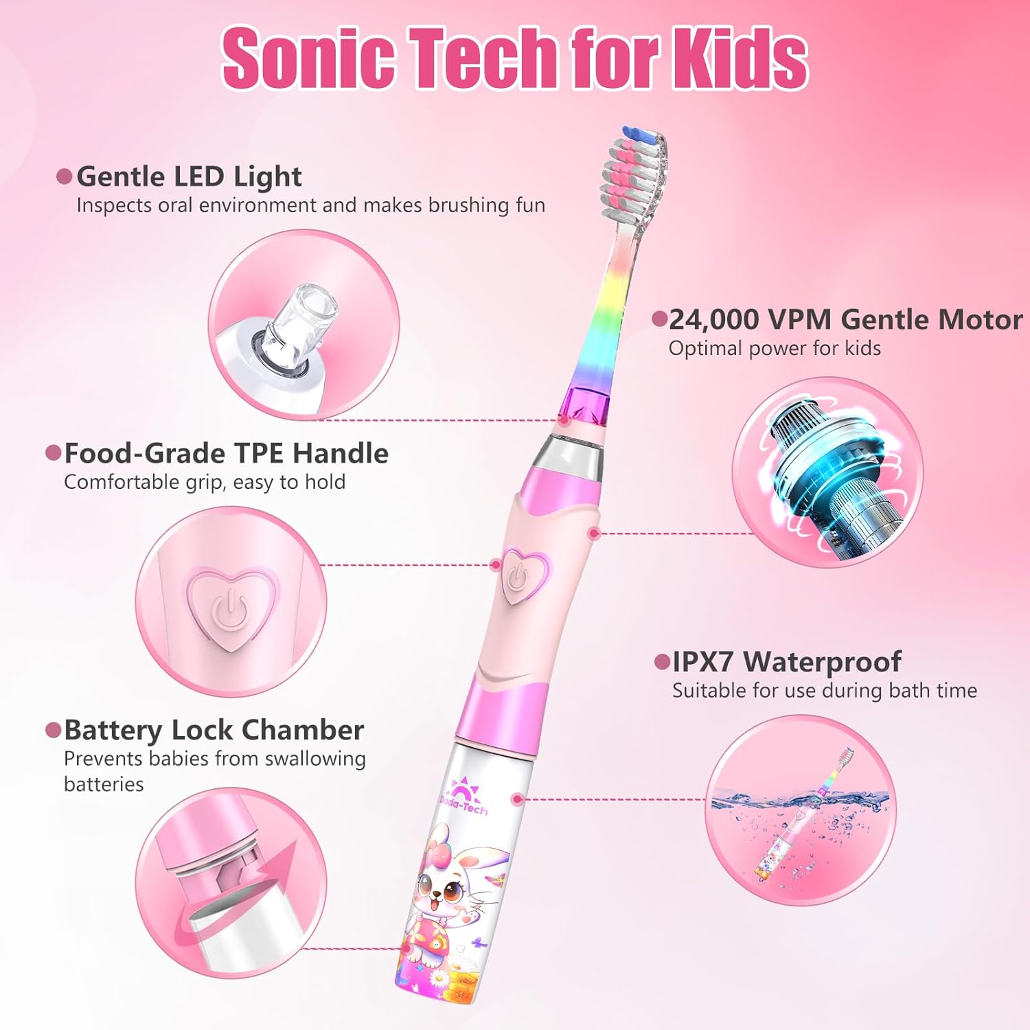 Kids Electric Toothbrush Toddler Toothbrush Age 2-4-8-12 Girls Electric Toothbrush with Timer Rainbow LED Light Up Vibrating Toothbrush Battery Operated Childrens Sonic Tooth Brush (Rabbit Pink)