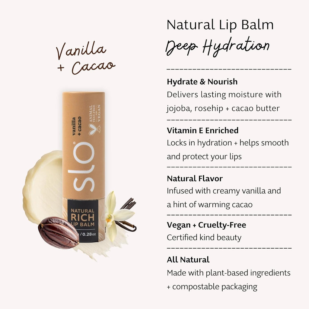 Slo | Natural Lip Balm - All Natural Ingredients, Vegan & Cruelty Free, Hydrating & Soothing, Plastic Free, Paper Packaging | Vanilla + Cacao, (0.28oz/8g)